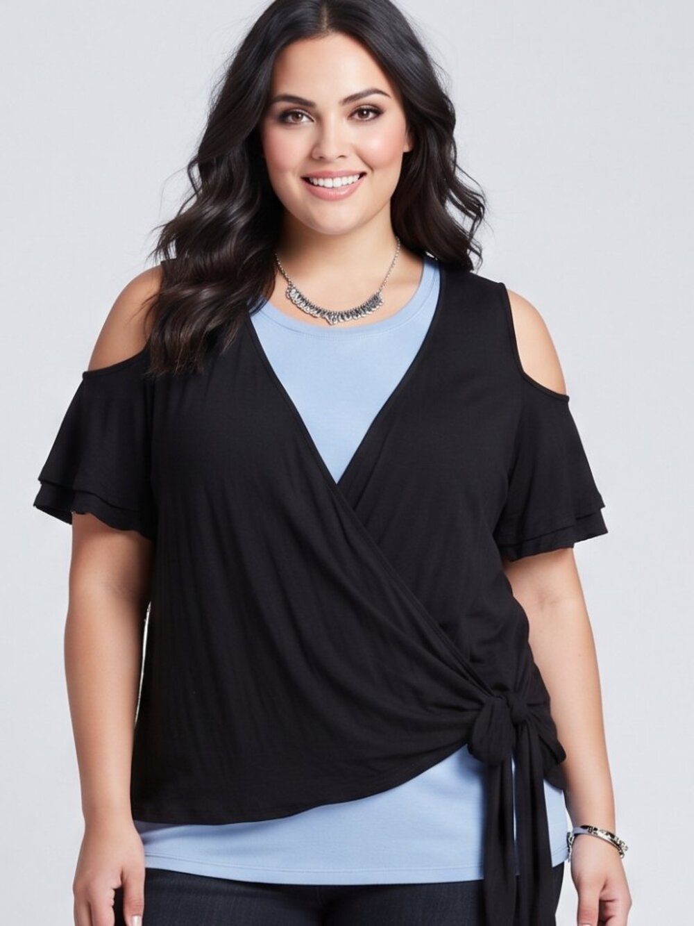 Flirty Chic Noir Black Cold Shoulder Top Tie Front Blouse Size 18